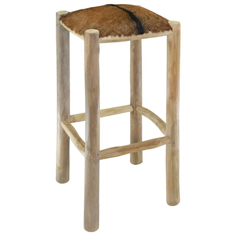Taburet de bar, piele de capră și lemn masiv de tec