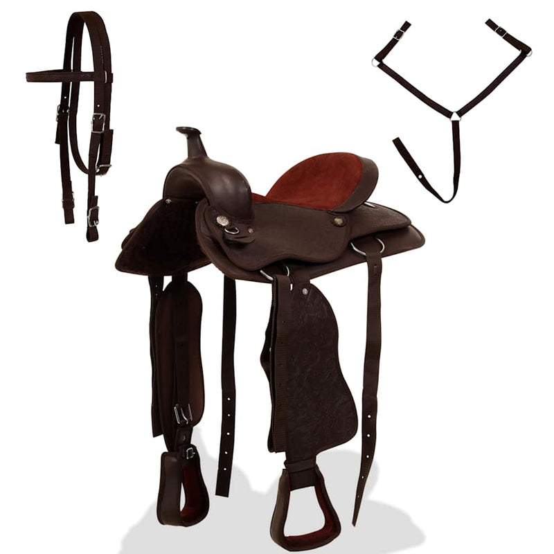 Șa Western, căpăstru & pieptar, piele naturală, 17", maro
