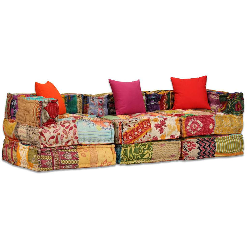 Canapea puf modulară cu 3 locuri, petice, material textil
