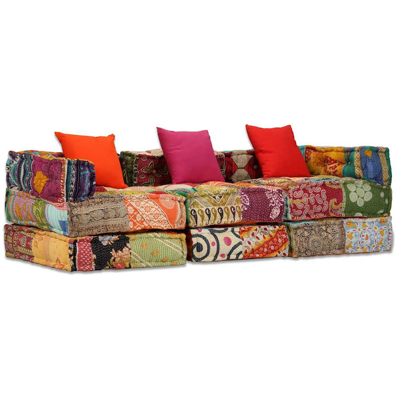 Canapea puf modulară cu 3 locuri, petice, material textil