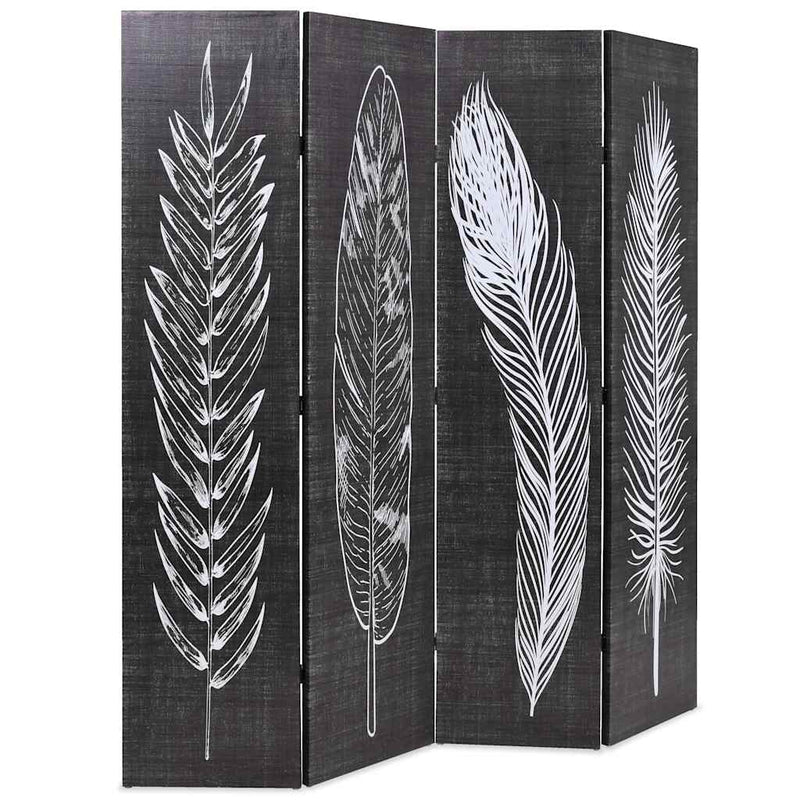 Paravan cameră pliabil, negru&alb, 160 x 170 cm, imprimeu pene