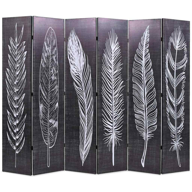 Paravan cameră pliabil, negru&alb, 228 x 170 cm, imprimeu pene