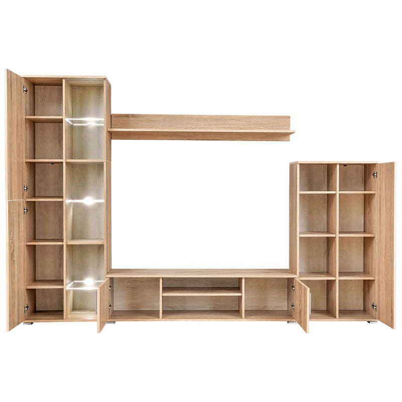 Mobilă de perete cu spațiu TV, iluminare LED, stejar sonoma