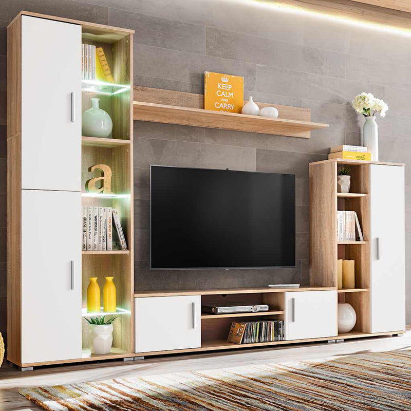 Mobilă de perete cu spațiu TV, iluminare LED, stejar sonoma