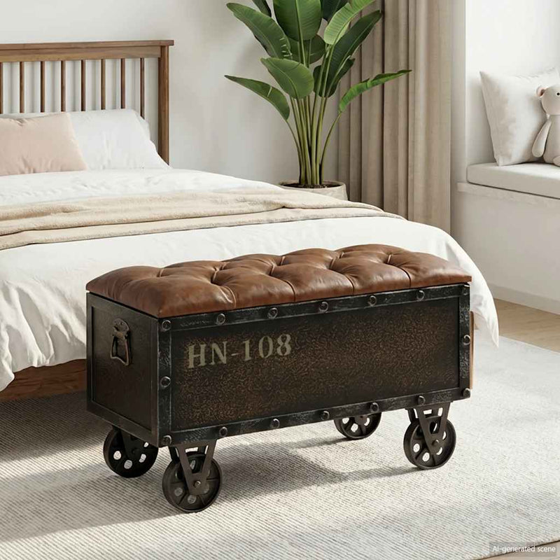 Bancă depozitare, lemn masiv și piele artificială 80,5x41x50 cm
