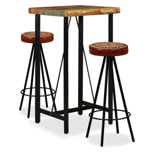 Mobilier bar 3 piese lemn masiv reciclat, piele naturală, pânză