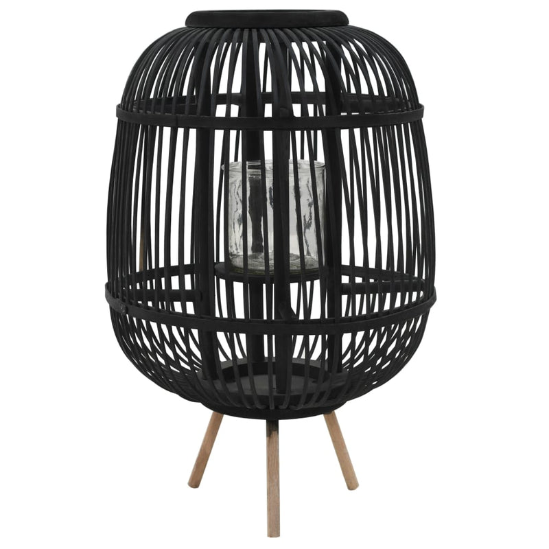Suport lumânări tip felinar vertical, negru, bambus