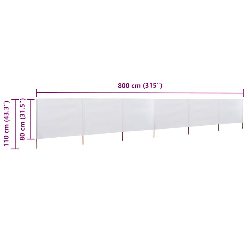Paravan anti-vânt cu 6 panouri, alb, 800 x 80 cm, textil