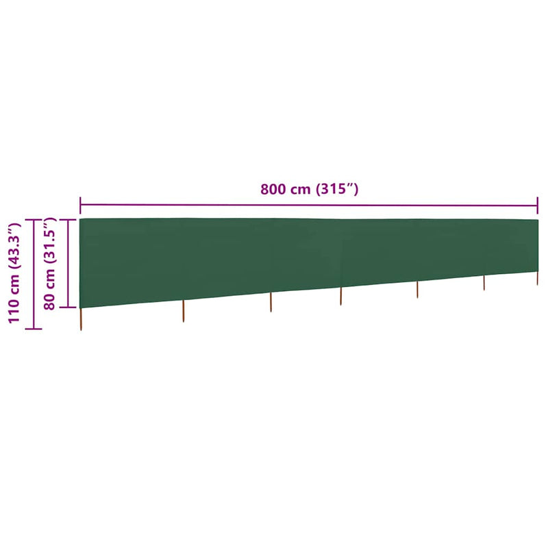 Paravan anti-vânt cu 6 panouri, verde, 800 x 80 cm, textil