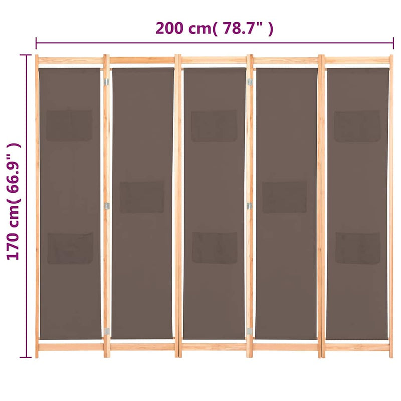 Paravan de cameră cu 5 panouri maro 200x170x4cm material textil