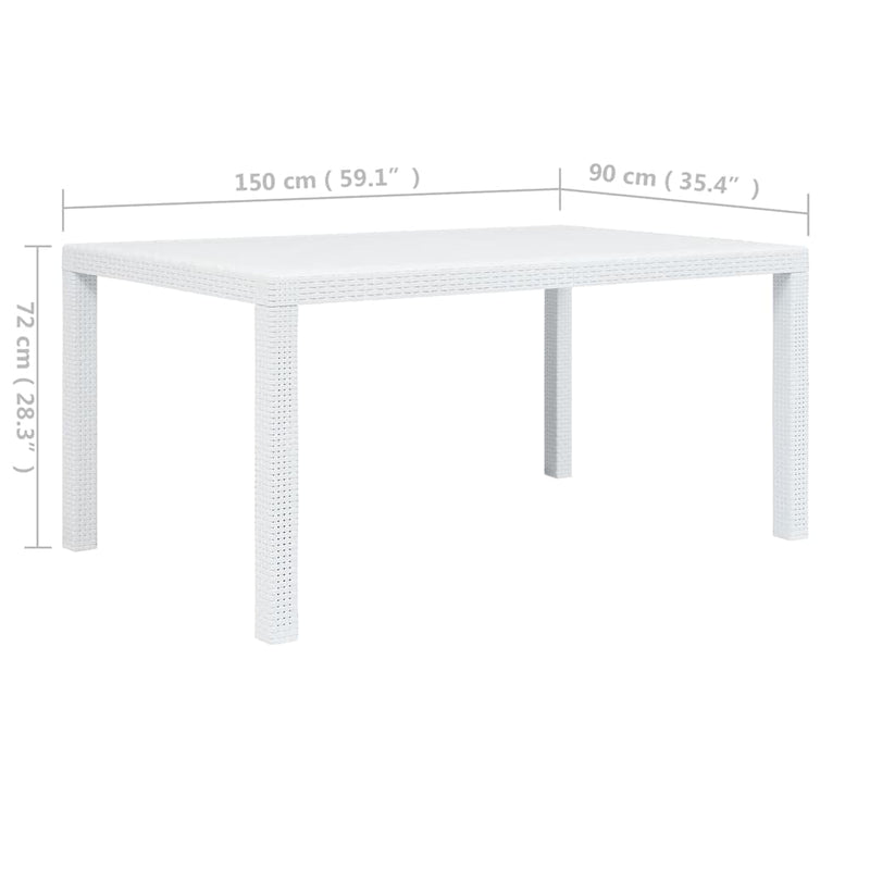 Masă de grădină, alb, 150 x 90 x 72 cm, plastic, aspect ratan