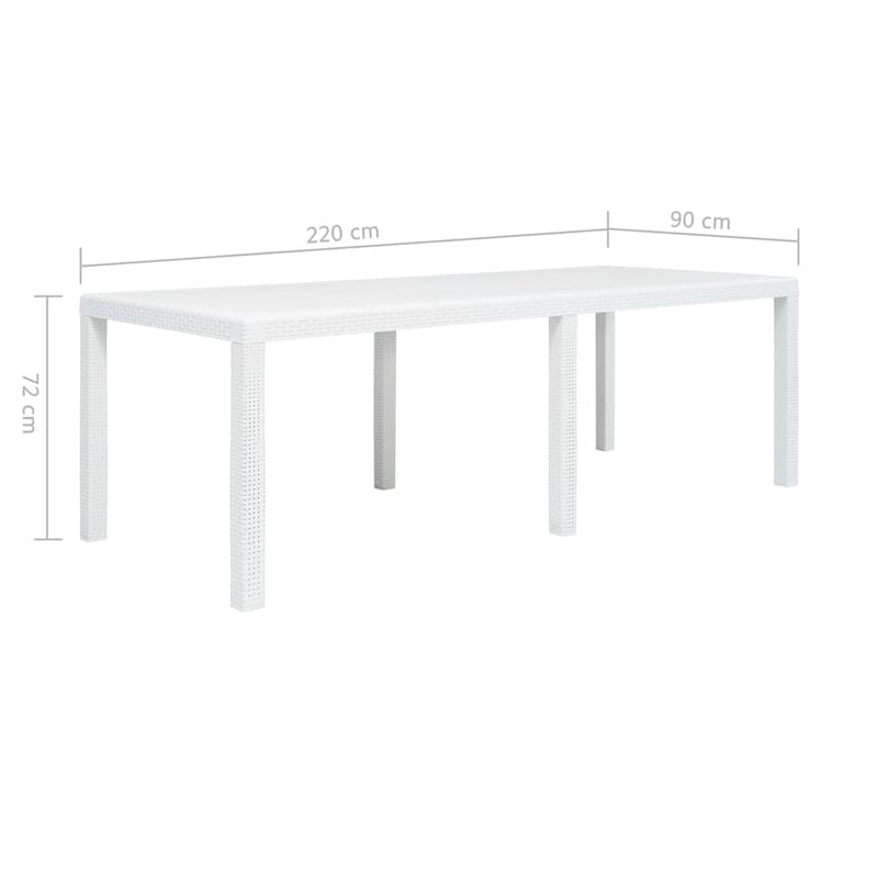 Masă de grădină, albă, 220x90x72 cm, plastic, aspect ratan
