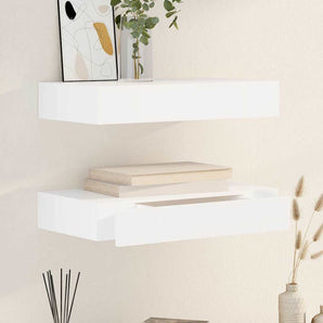 Rafturi de perete suspendate cu sertare, 2 buc., alb, 48 cm