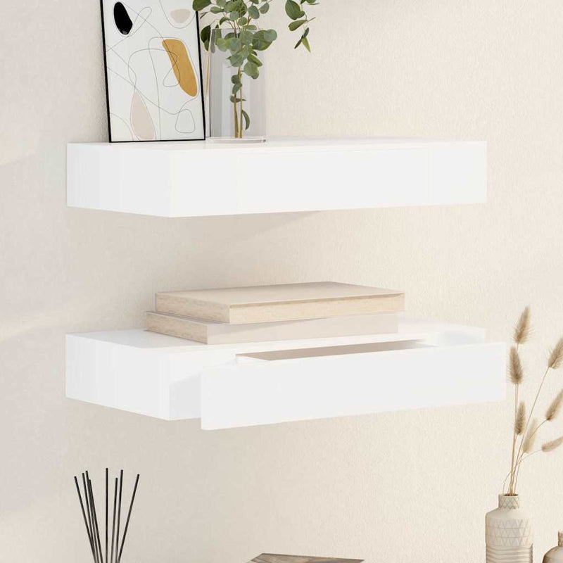 Rafturi de perete suspendate cu sertare, 2 buc., alb, 48 cm