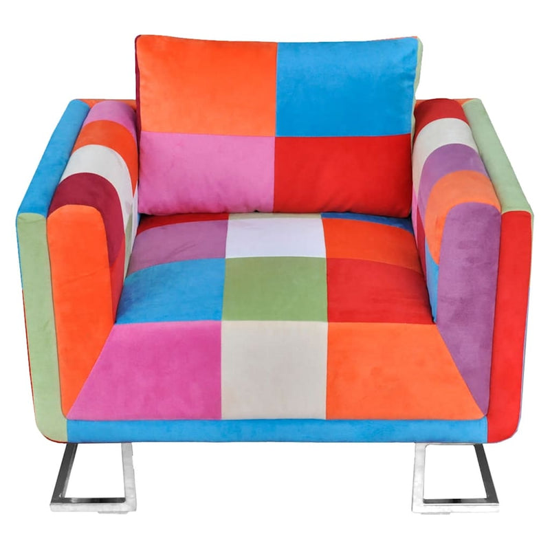 Fotoliu cub, picioare cromate, model Patchwork, material textil
