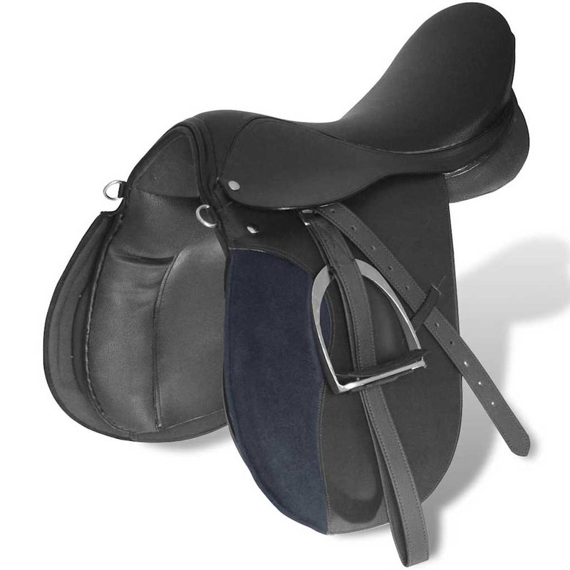 Set echitație 5-in-1 cu șa 44,5 cm din piele naturală, negru