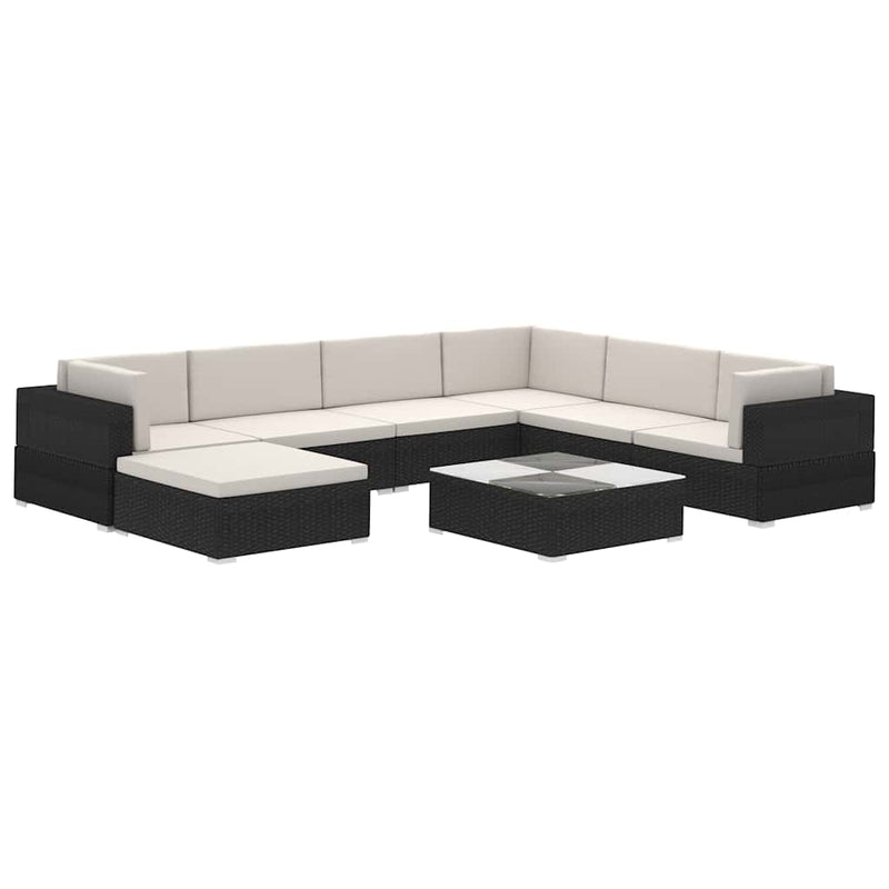 Set mobilier de grădină cu perne, 8 piese, negru, poliratan