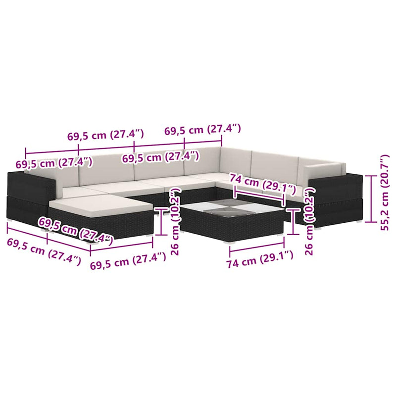 Set mobilier de grădină cu perne, 8 piese, negru, poliratan