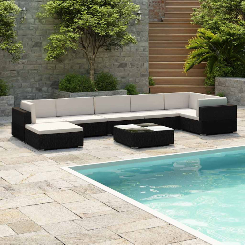 Set mobilier de grădină cu perne, 8 piese, negru, poliratan