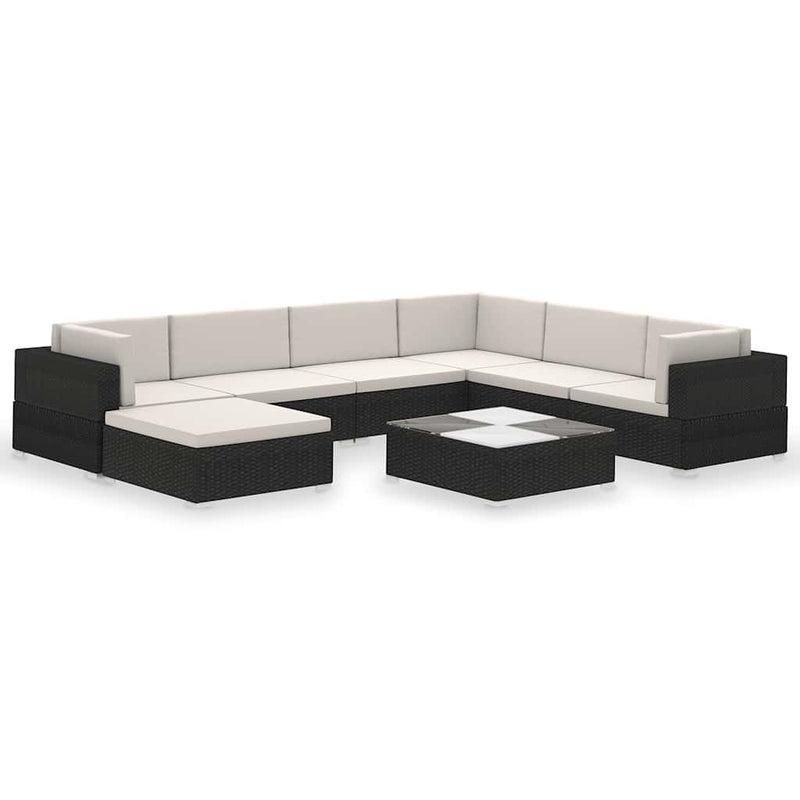 Set mobilier de grădină cu perne, 8 piese, negru, poliratan