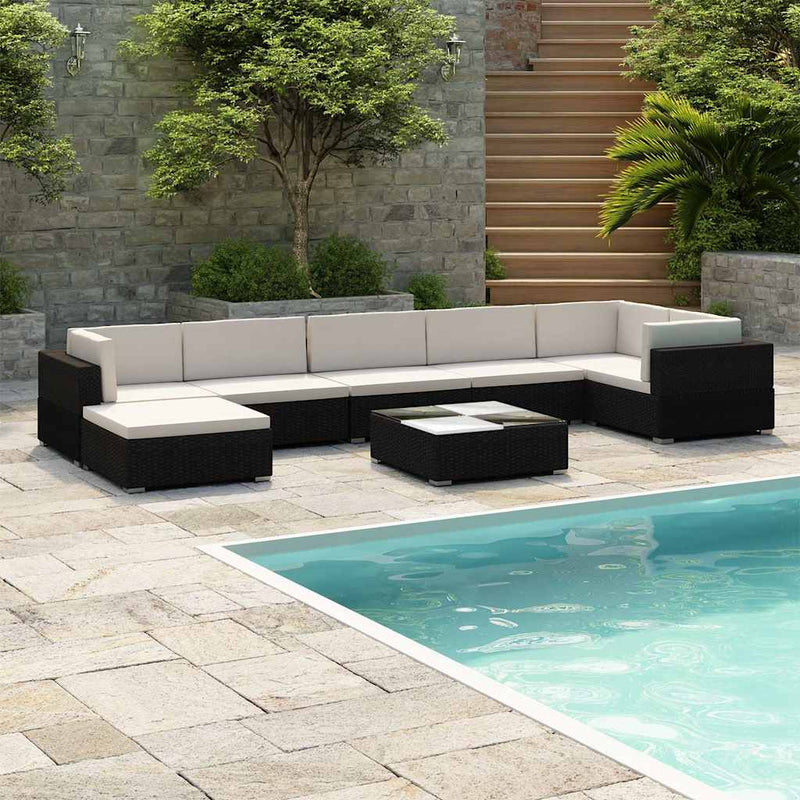Set mobilier de grădină cu perne, 8 piese, negru, poliratan