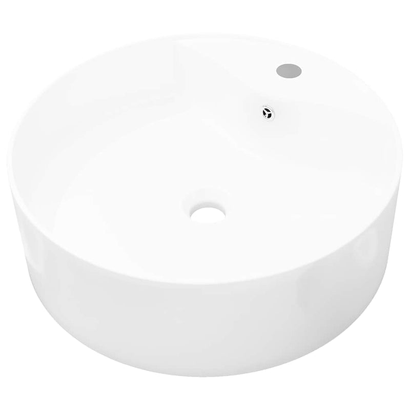 Chiuvetă de baie din ceramică, orificiu robinet/preaplin, rotund, alb