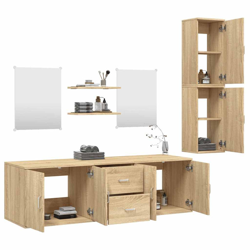 Set de mobilier de baie cu 7 piese, lemn prelucrat din stejar