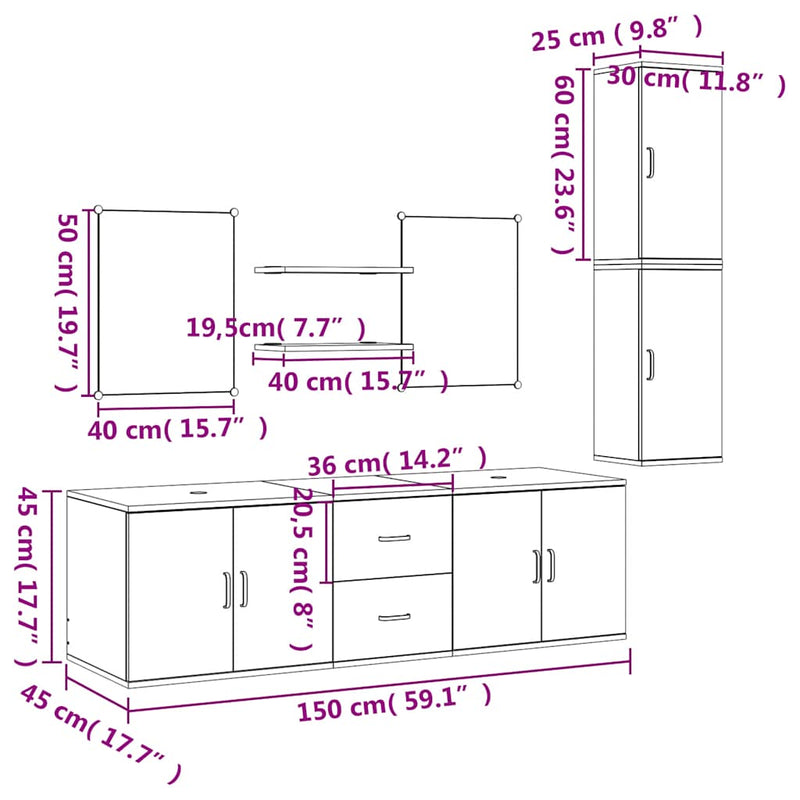 Set de mobilier de baie cu 7 piese, lemn prelucrat din stejar