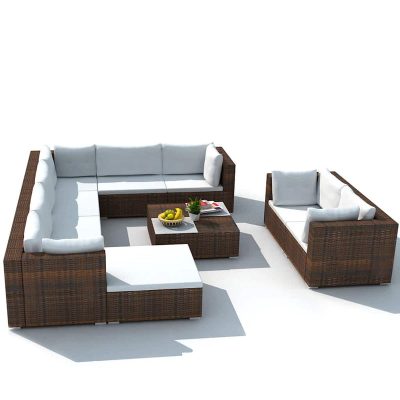 Set mobilier de grădină cu perne, 10 piese, maro, poliratan