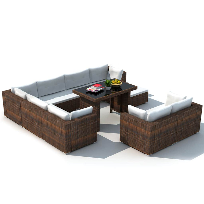 Set mobilier de grădină cu perne, 10 piese, maro, poliratan