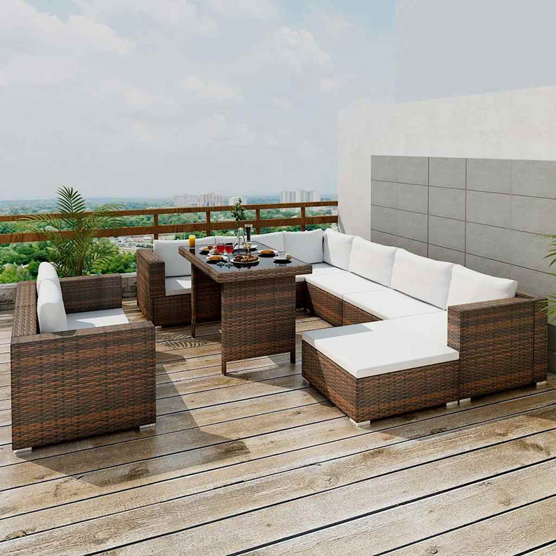 Set mobilier de grădină cu perne, 10 piese, maro, poliratan