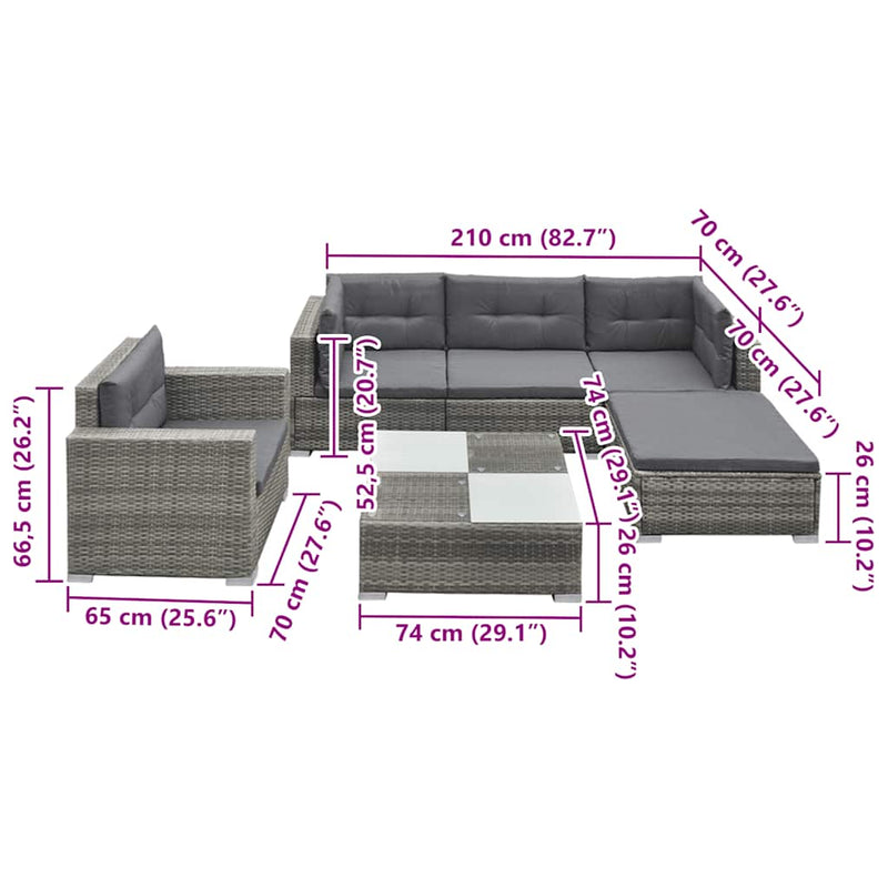 Set mobilier de grădină cu perne, 6 piese, gri, poliratan