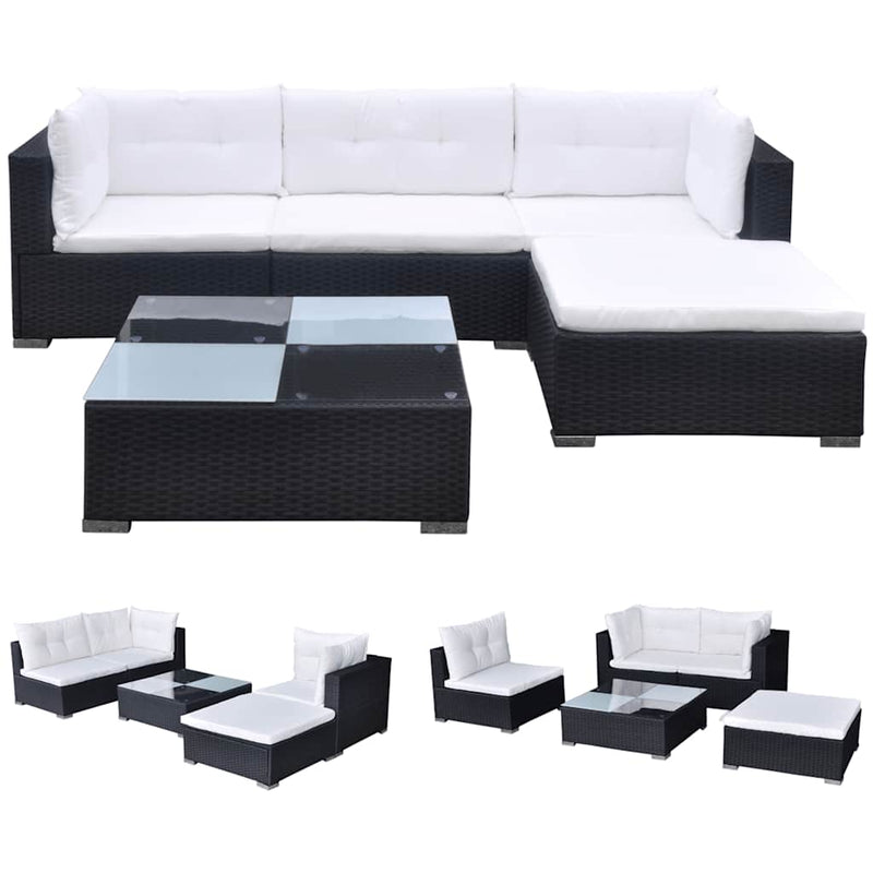 Set mobilier de grădină cu perne, 5 piese, negru, poliratan
