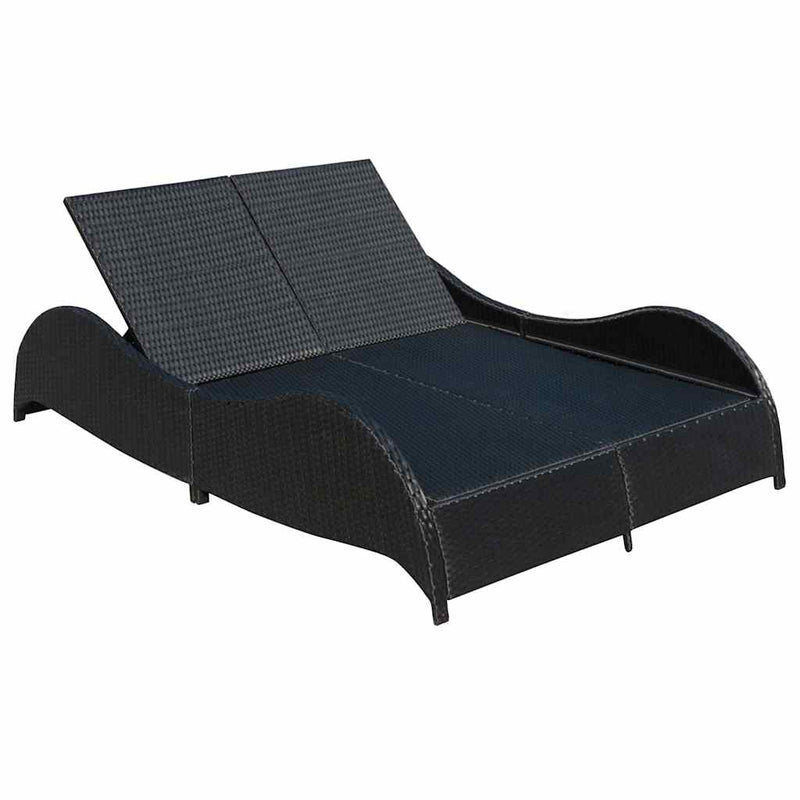 Șezlong de plajă dublu cu pernă, negru, poliratan