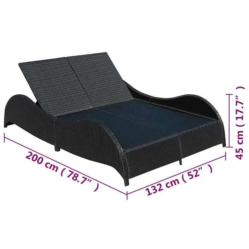 Șezlong de plajă dublu cu pernă, negru, poliratan