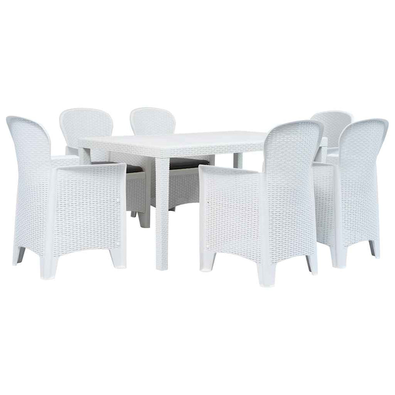 Set mobilier de exterior, 7 piese, alb, plastic, aspect ratan