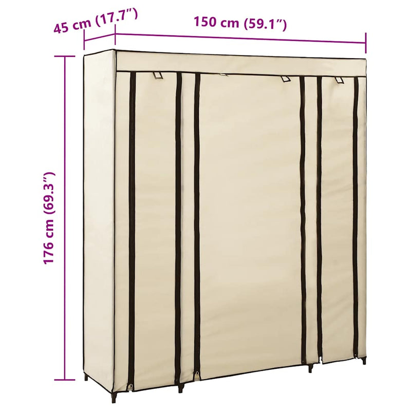 Șifonier cu bare și compartimente, crem, 150x45x176 cm, textil