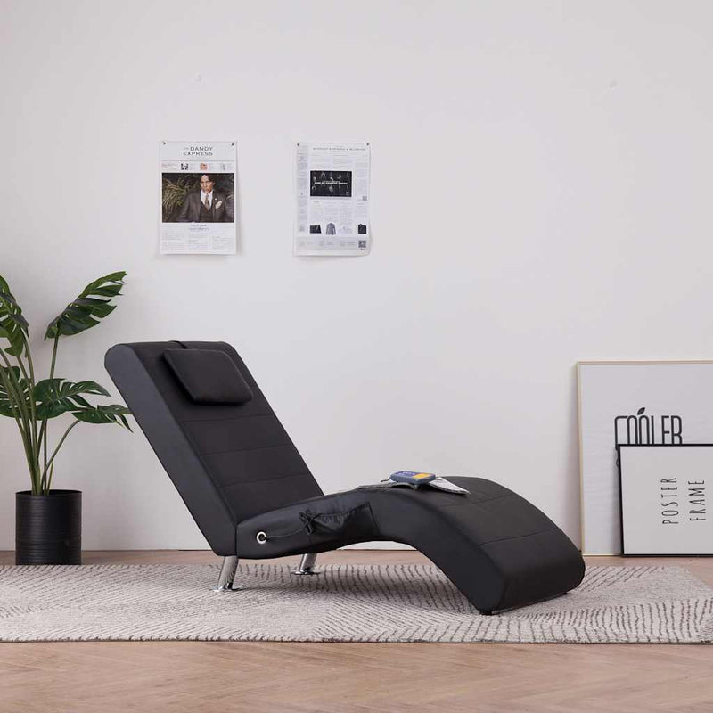 Șezlong de masaj cu pernă, negru, piele artificială