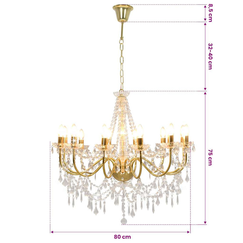 Candelabru cu mărgele, auriu, 12 becuri E14