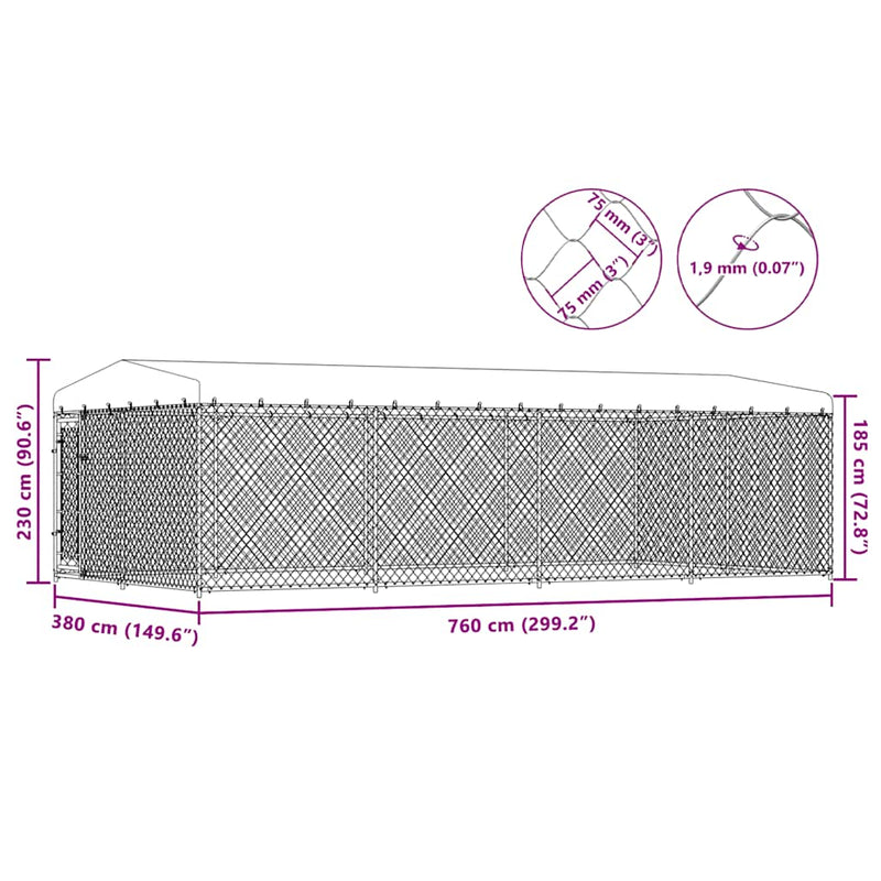 Padoc pentru câini de exterior, cu acoperiș, 7,6 x 3,8 x 2,3 m