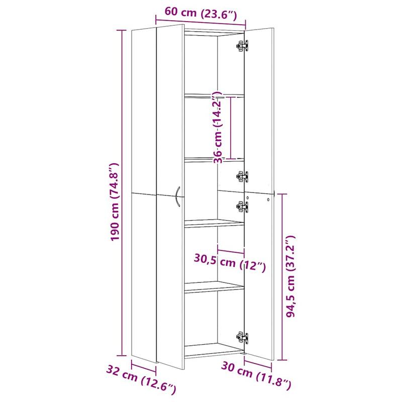 Dulap de birou, alb, 60x32x190 cm, lemn prelucrat