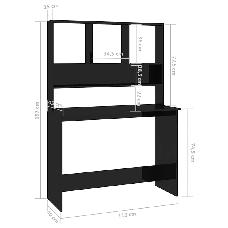 Birou cu rafturi, negru extralucios, 110x45x157 cm, PAL