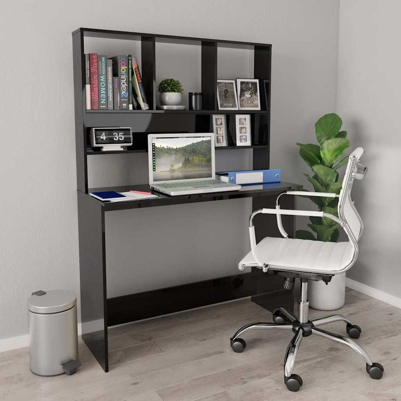 Birou cu rafturi, negru extralucios, 110x45x157 cm, PAL