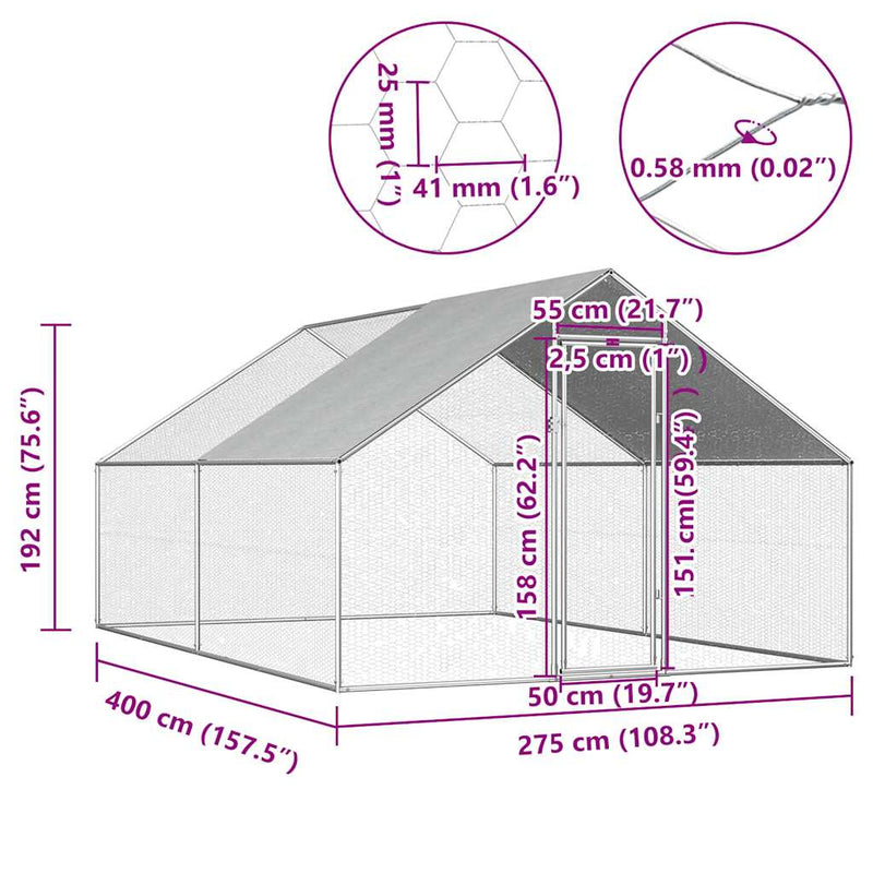 Coteț de păsări pentru exterior, 2,75x4x1,92 m, oțel galvanizat