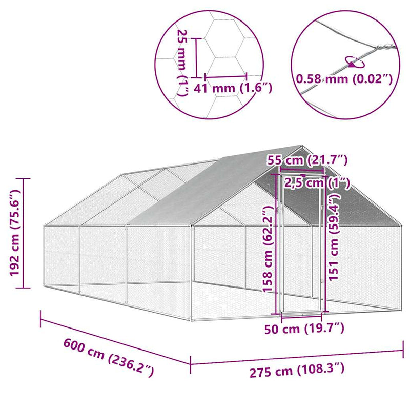 Coteț de păsări pentru exterior, 2,75x6x1,92 m, oțel galvanizat