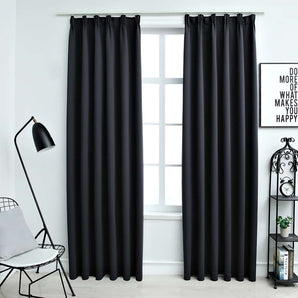 Draperii opace cu cârlige, 2 buc., negru, 140 x 175 cm