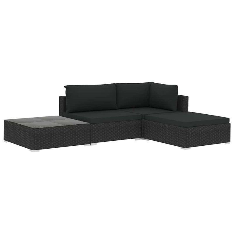 Set mobilier de grădină cu perne, 4 piese, negru, poliratan