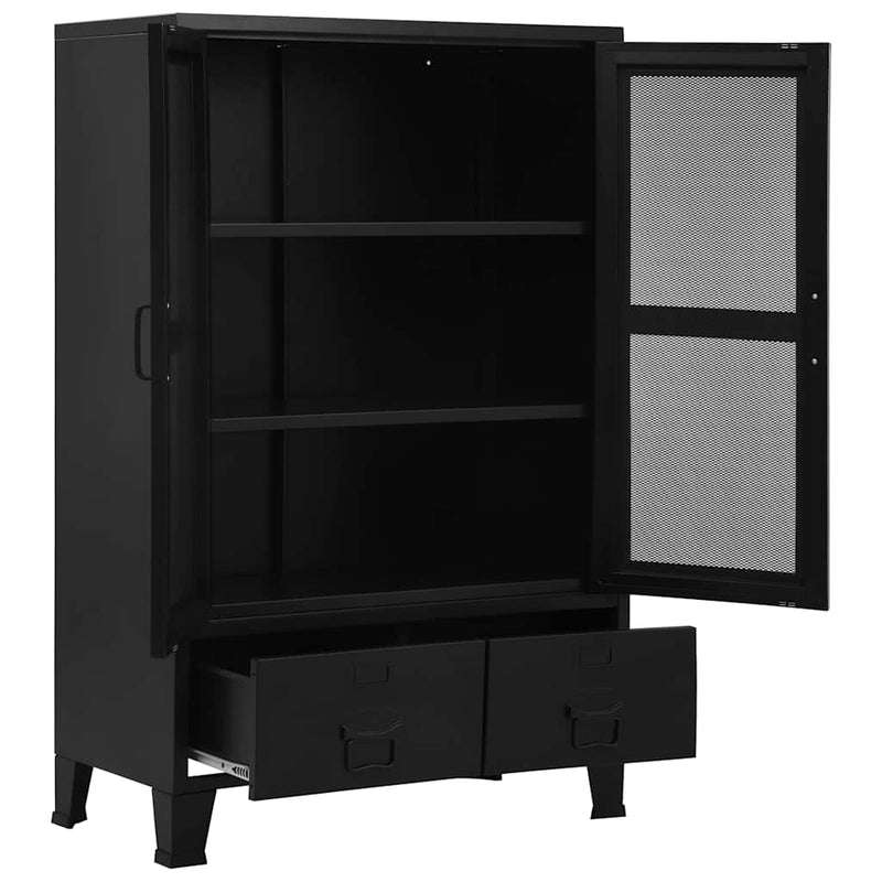 Dulap birou cu uși de plasă negru 75x40x120 cm oțel industrial