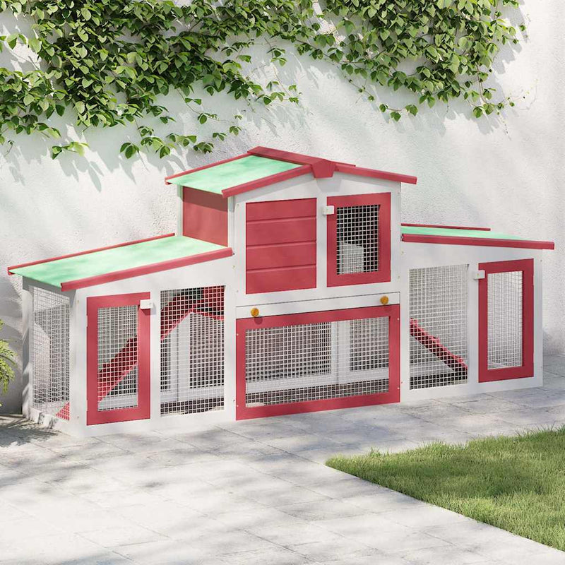 Cușcă mare exterior pt. iepuri, roșu și alb, 201x45x85 cm, lemn