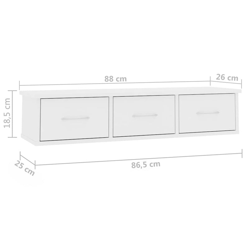 Raft de perete cu sertare, alb, 88x26x18,5 cm, lemn prelucrat